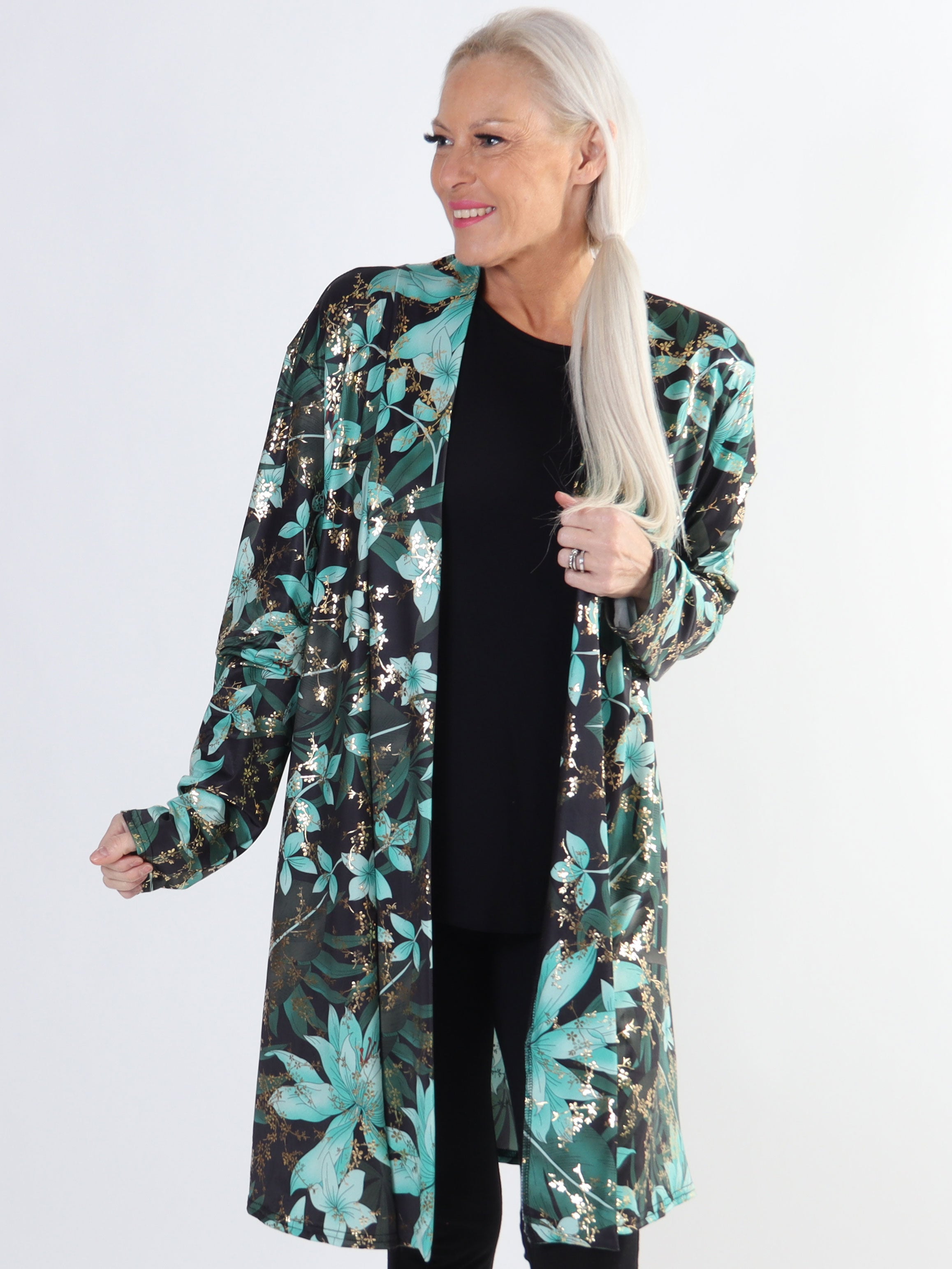 Rosa Gold Flower - Elastisk plus size cardigan med print